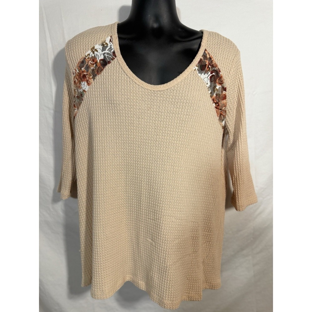 Cream floral waffle knit‎ mixed media Lace Sheer boho long sleeve blouse
